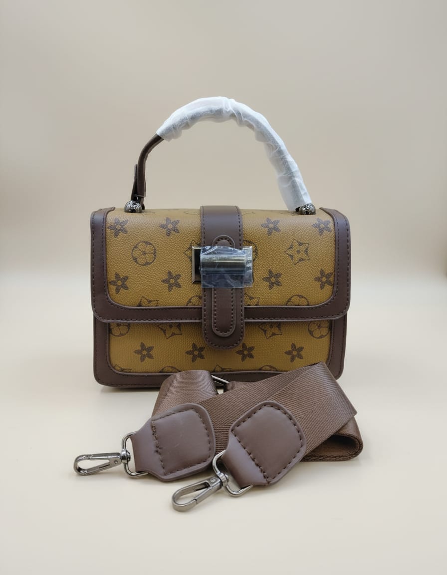 Import Premium PU Sling Bag for Women & Girls | Stylish Printed Crossbody Handbag with Flap & Zip Closure | Compact 2 Compartment Shoulder Bag | Brown Print