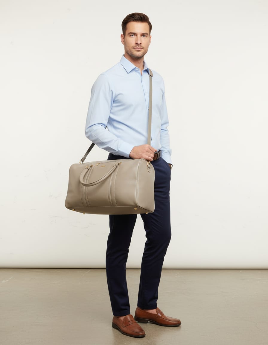 Edge Premium PU Duffel Bag for Men & Women | Large Travel & Gym Bag with Adjustable Shoulder Strap | Stylish Overnight & Sports Carry Bag | Light Grey