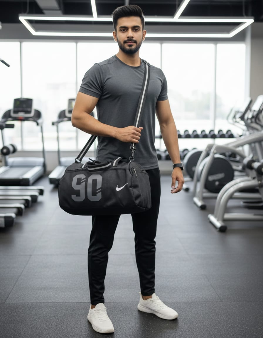 Nike Import Waterproof Gym Bag for Men & Women | Premium Sports Duffel with Shoulder Strap | Large Travel & Workout Bag | Durable Zipper Closure | Grey & Black