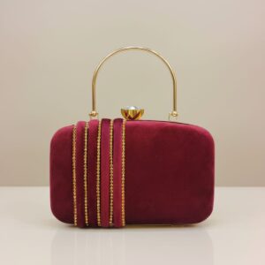 Premium Velvet Party Clutch for Women | Elegant Frame Lock Evening Handbag with Chain Strap | Compact 3 Compartment Clutch Purse | Maroon