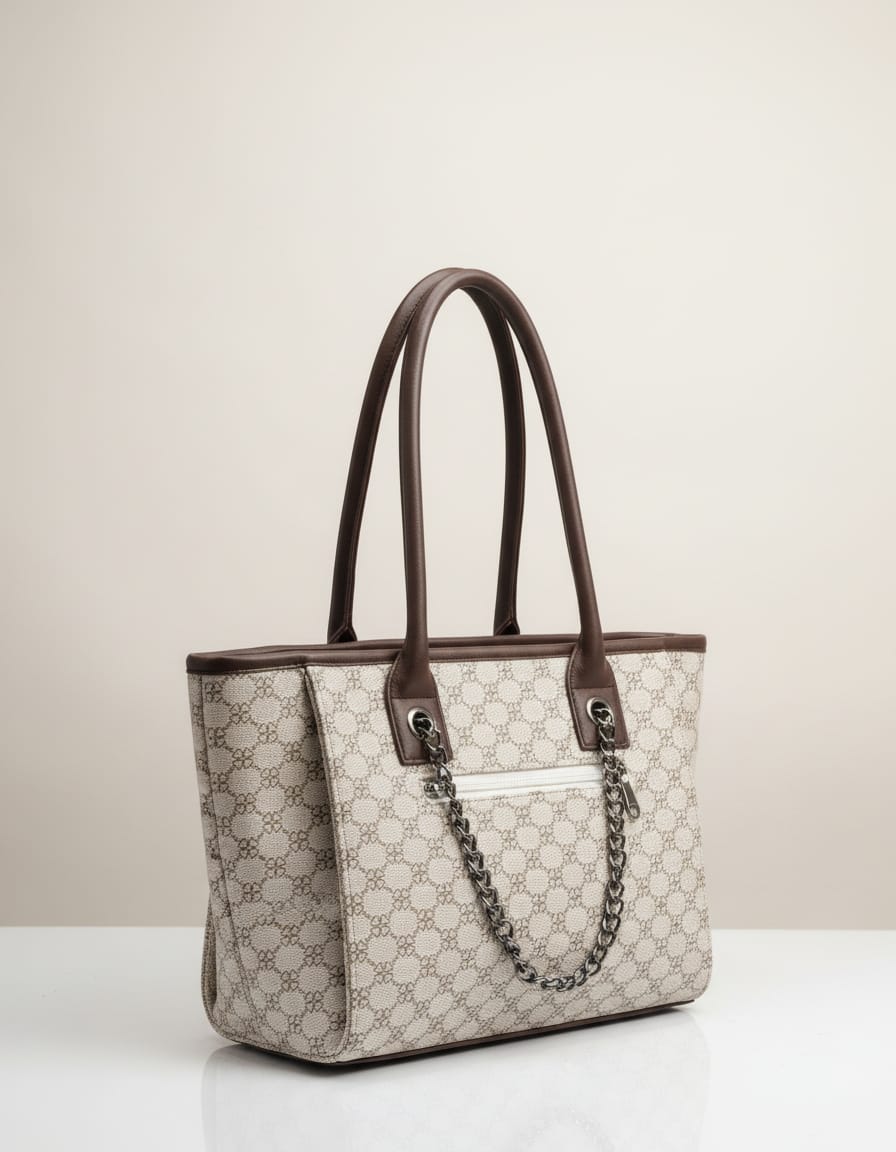 Premium Tote Bag for Women | Stylish Office & College Shoulder Bag with Large Pouch | Spacious Daily Use Handbag with Zip Closure | White & Brown