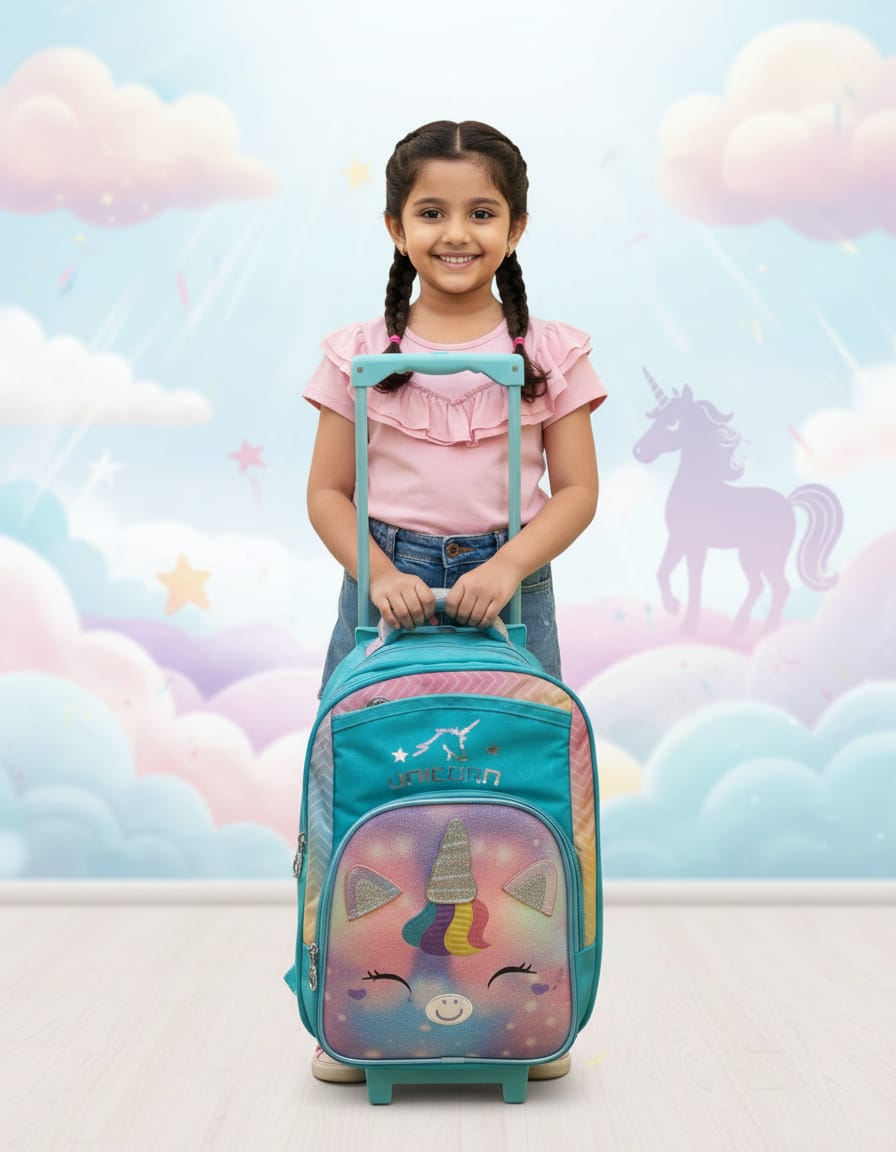 Premium Waterproof Trolley School Bag for Kids (Class 1st–2nd) | Rolling Backpack with Wheels & 3 Compartments | Large Capacity School Bag with Handle | Light Green