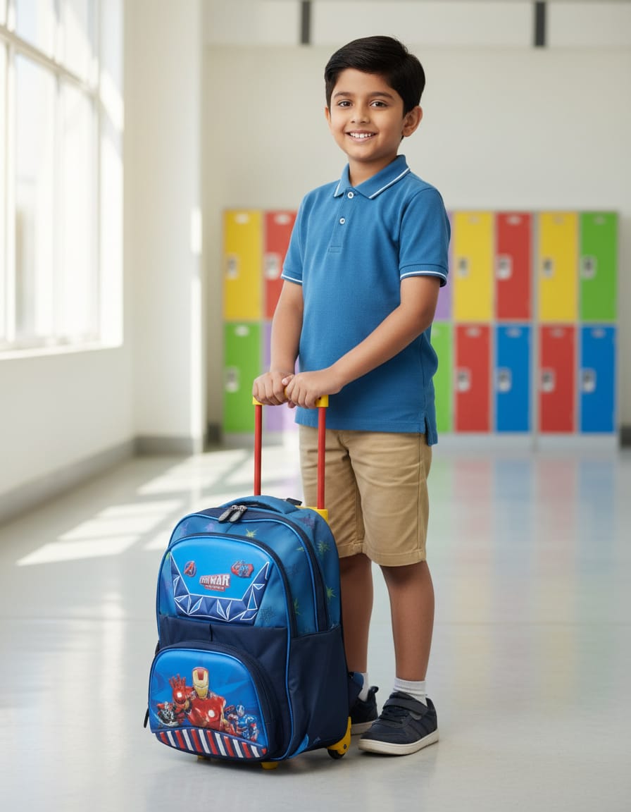 Premium Waterproof Trolley School Bag for Kids (Class 2nd–3rd) | Rolling Backpack with Wheels & 3 Compartments | Extra Large School Bag with Handle | Navy Blue