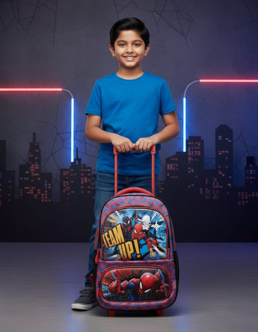 Premium Waterproof Trolley School Bag for Kids (Class 1st–2nd) | Rolling Backpack with Wheels & 4 Zip Pockets | Spacious School Bag with Handle | Reddish Blue
