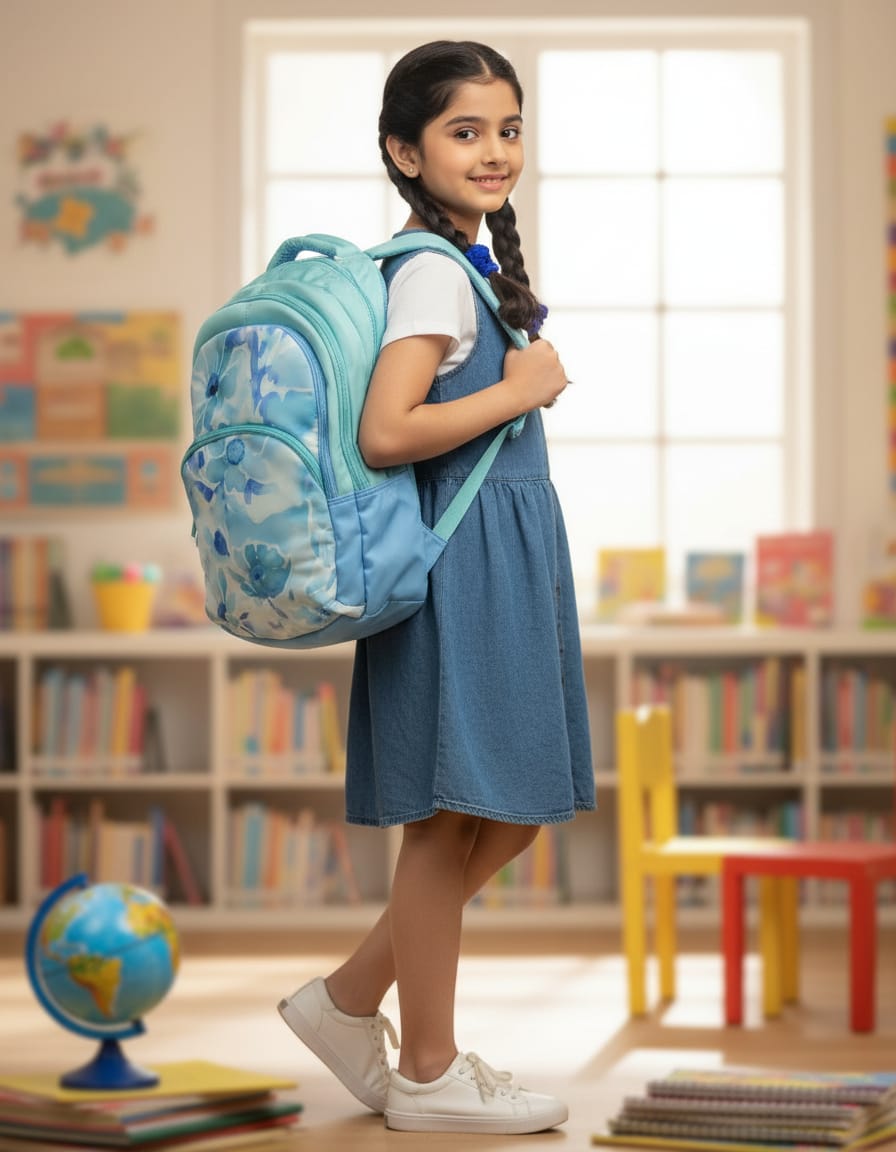 Genie Premium Waterproof School Bag with Laptop Compartment for Kids (Class 4th–5th) | Durable Backpack with 4 Compartments & Dual Bottle Holders | Large Capacity School Bag | Sky Blue