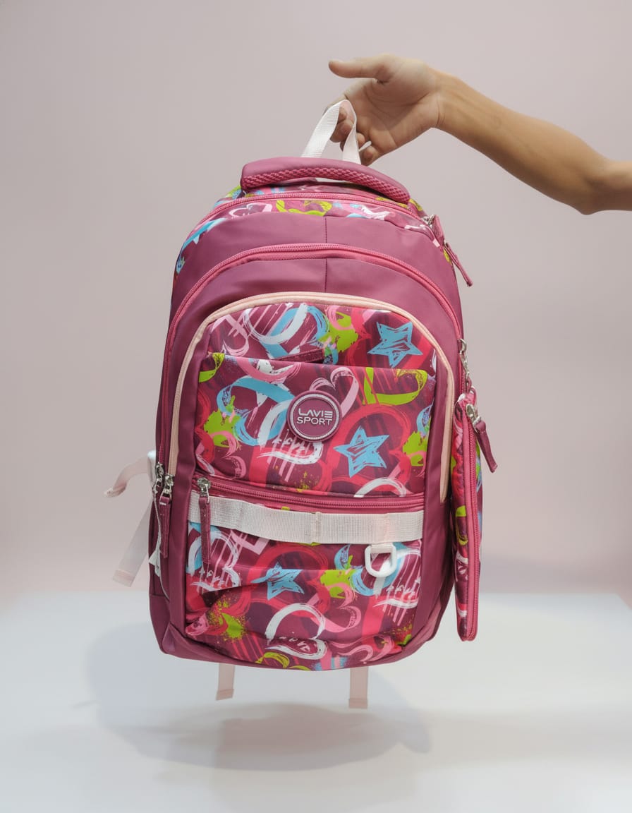 Lavie Sport Premium Waterproof School Bag with Laptop Compartment & 5 Sections for Students (Class 6th–10th) | Large Capacity Backpack with Dual Bottle Holders | Stylish Pink