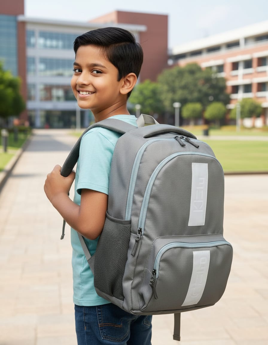 Premium Waterproof School Bag with Laptop Compartment for Students (Class 6th–10th) | Durable Backpack with 3 Compartments & Dual Bottle Holders | Large Capacity Bag | Grey