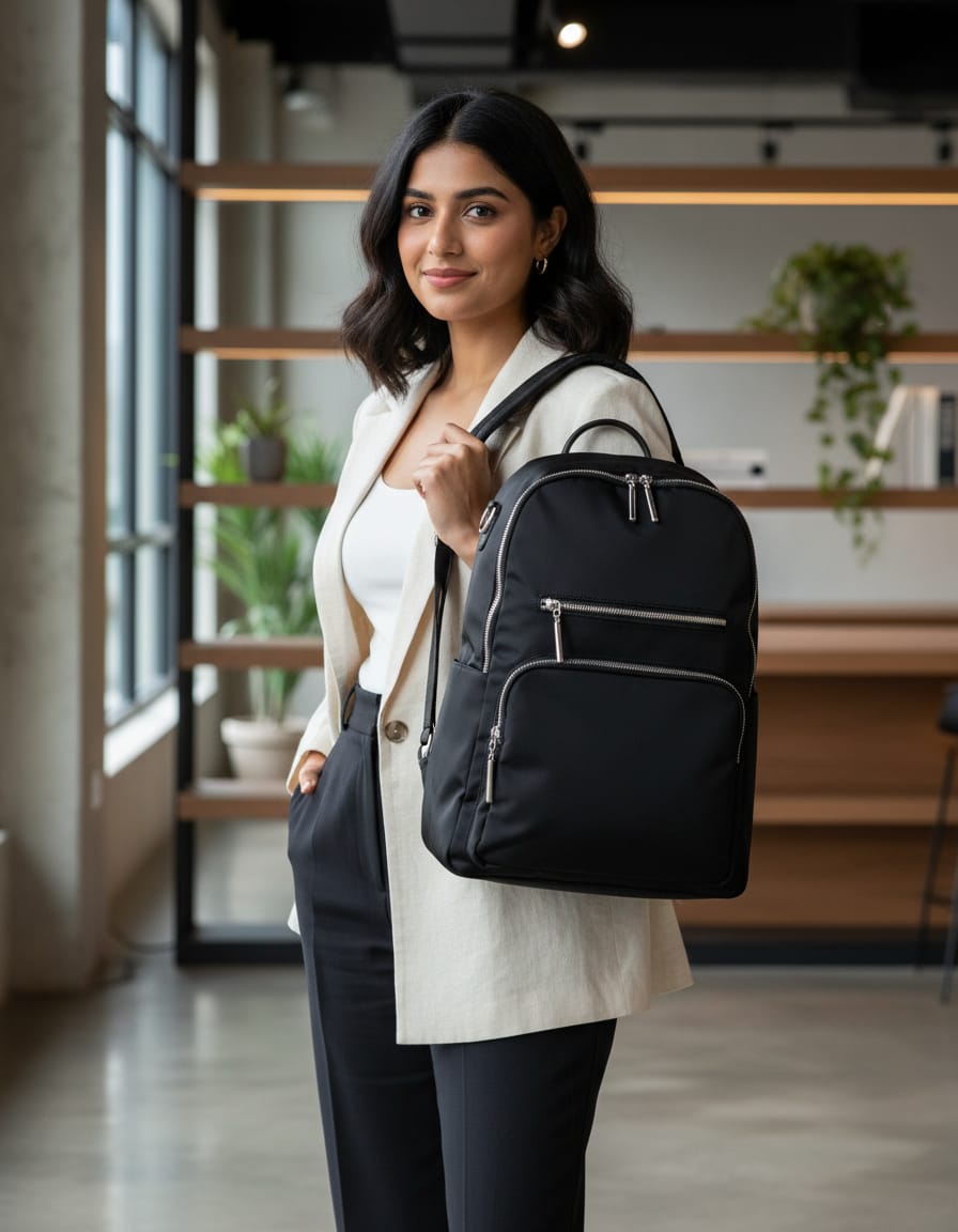 Premium Satin Finish Office & College Backpack for Women | Spacious Black Backpack with 3 Compartments & Inner Pockets | Stylish Daily Use Work Bag