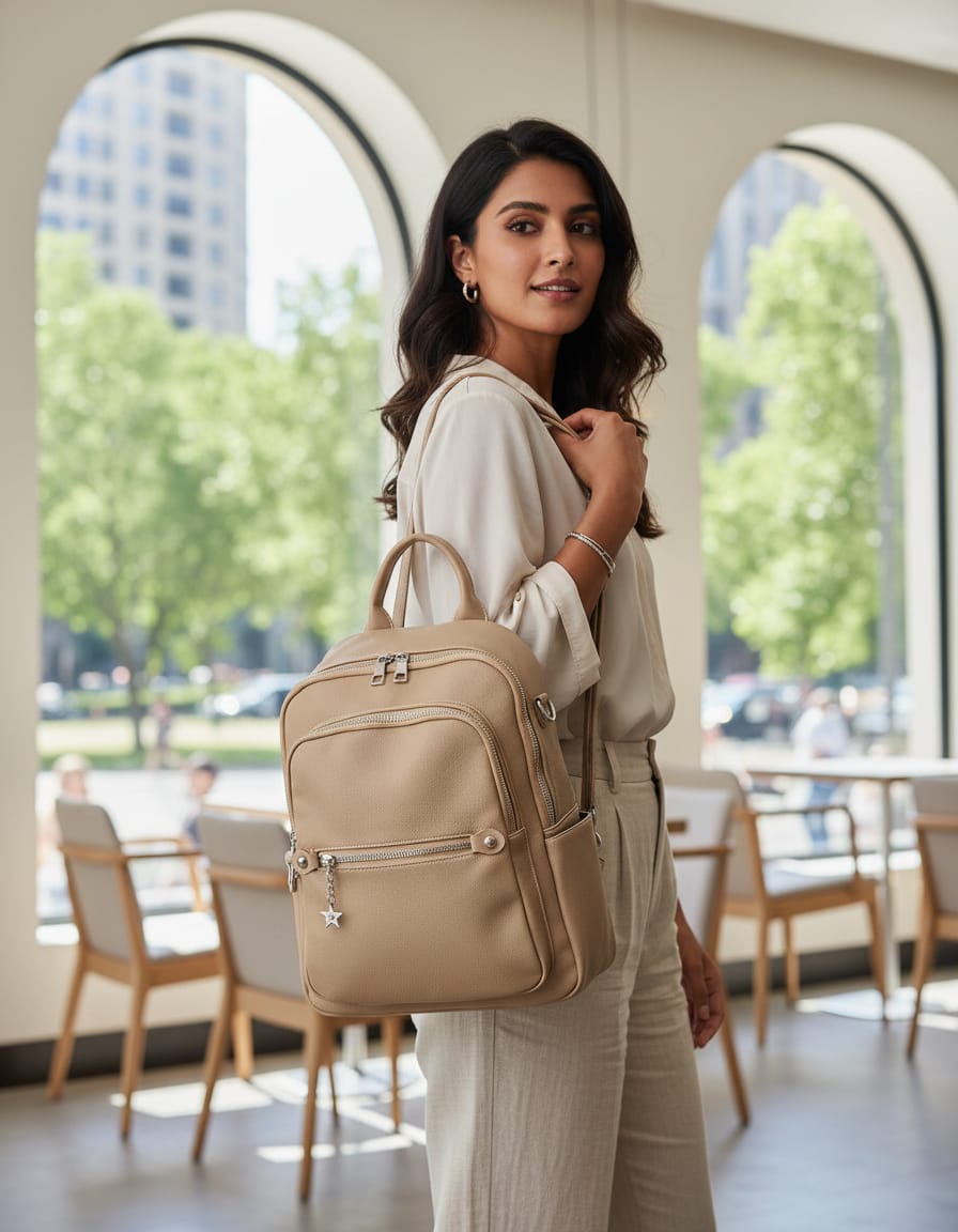Premium PU Leather Office Backpack for Women | Stylish Camel Ladies Backpack with 2 Compartments & Inner Pockets | Daily Use Work & College Bag