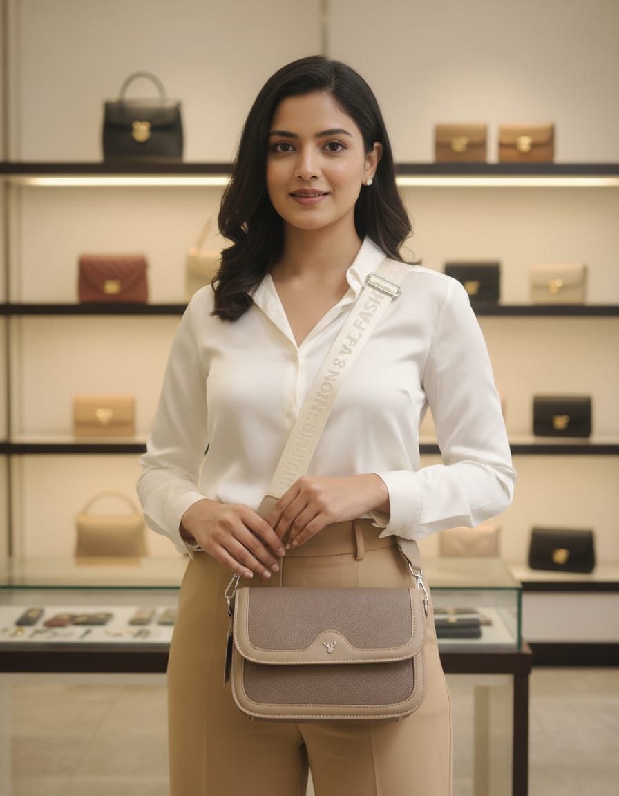 Premium PU Leather Sling Bag for Girls | Stylish Compact Side Bag with 3 Compartments & Inner Pockets | Elegant Daily Use Handbag | Light Brown & Cream