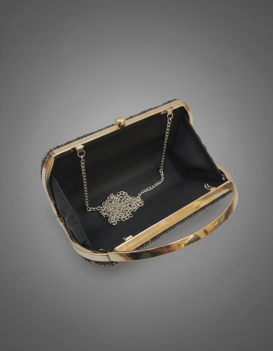Premium Black Party Wear Clutch for Women with Chain | Elegant Compact Evening Handbag with Magnetic Closure | Stylish Occasion Sling Bag