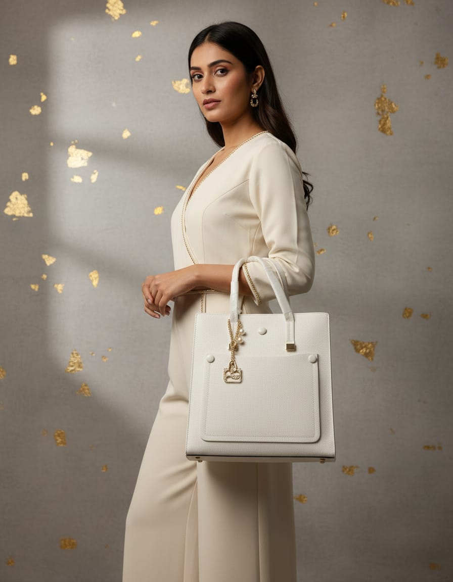 Premium Ada & Peris Tote Bag for Women | Stylish Multi-Compartment Handbag with Long Strap | Spacious Office & Daily Use Tote | White & Cream