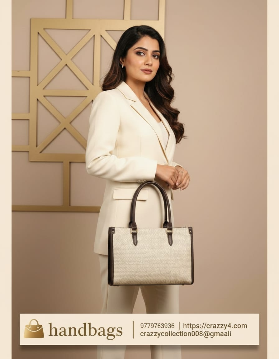 Premium Laptop Tote Bag for Women | Stylish Office Tote Bag with Laptop Section | 2 Compartments + 2 Inside Pockets | Light Cream & Brown Handbag with Long Belt