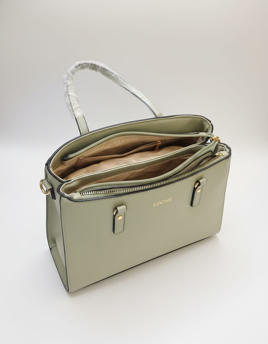 Edone Premium Handbag for Women | Stylish Designer Handbag with 2 Compartments + 2 Inside Pockets | Double Top Zip Closure | Light Cream & Light Green Fancy Handbag