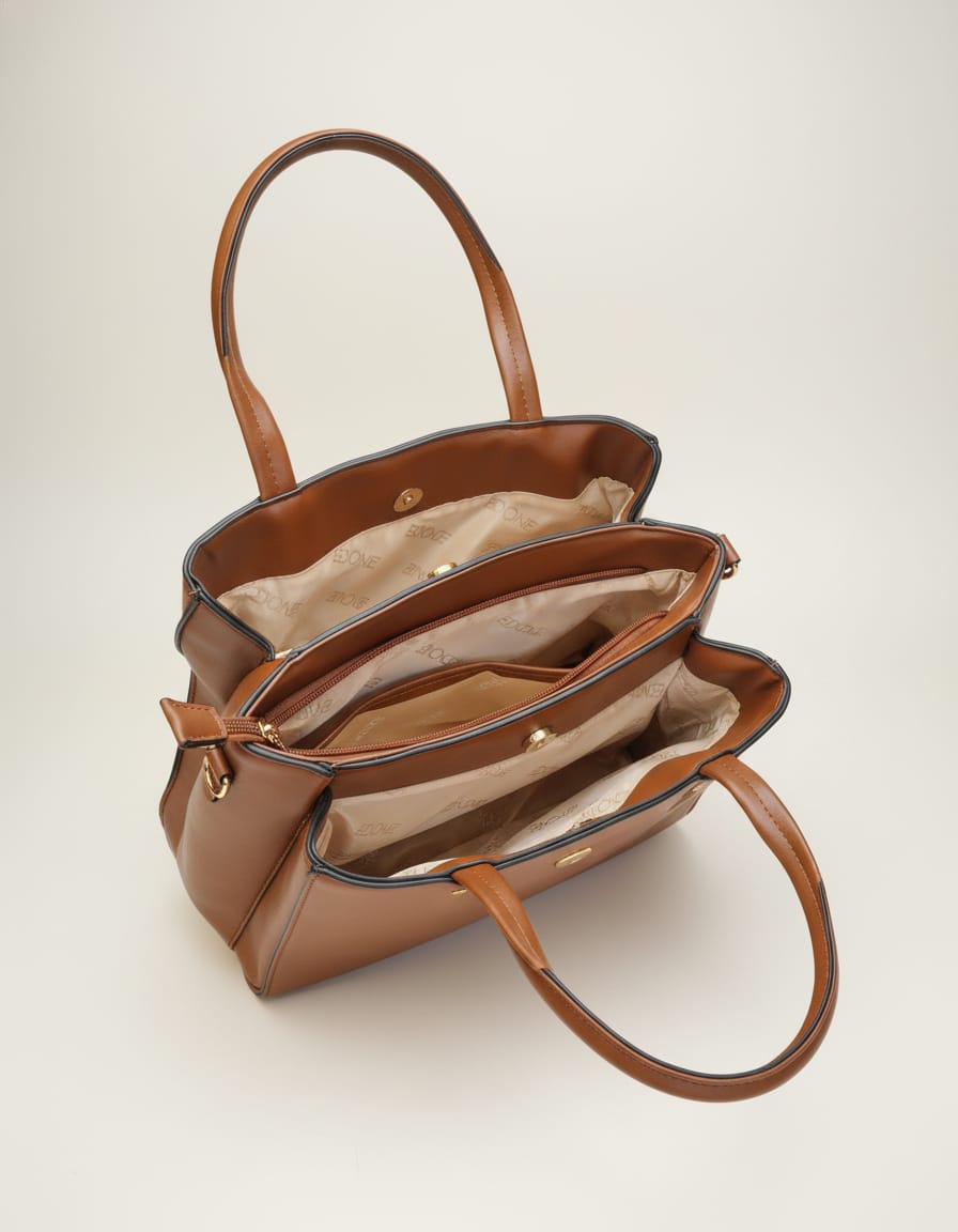 Edone Premium PU Leather Fancy Handbag for Women | Stylish Handbag with Handle | 3 Compartments + 2 Inside Pockets | Elegant Brown & White Daily Use Handbag