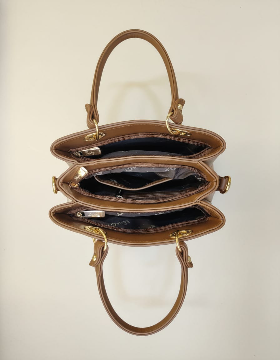 Legacy Premium PU Leather Fancy Handbag for Women | Stylish Brown Handbag with Handle | 3 Compartments + 2 Inside Pockets | Elegant Daily Use Handbag with Triple Zip Closure