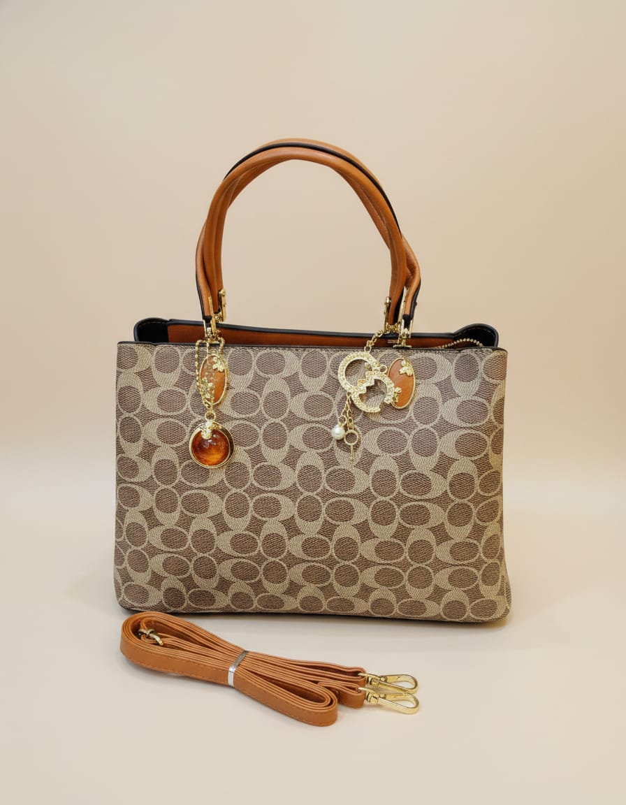 Import Non Premium PU Leather Fancy Handbag for Women | Stylish Handbag with Handle | 3 Compartments + 2 Inside Pockets | Elegant Brown & Khakhi Daily Use Handbag