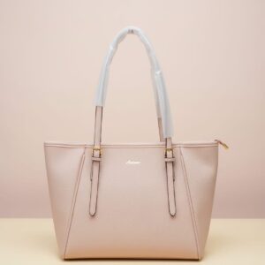 Premium Soft PU Leather Laptop Tote Bag for Women | Stylish Office Shoulder Bag | 2 Compartments + 2 Inside Pockets | Pink & Off-White Elegant Work Tote