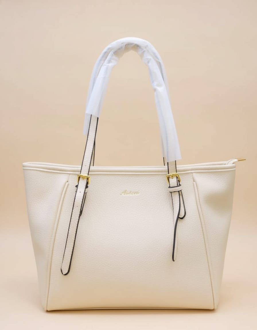 Premium Soft PU Leather Laptop Tote Bag for Women | Stylish Office Shoulder Bag | 2 Compartments + 2 Inside Pockets | Pink & Off-White Elegant Work Tote