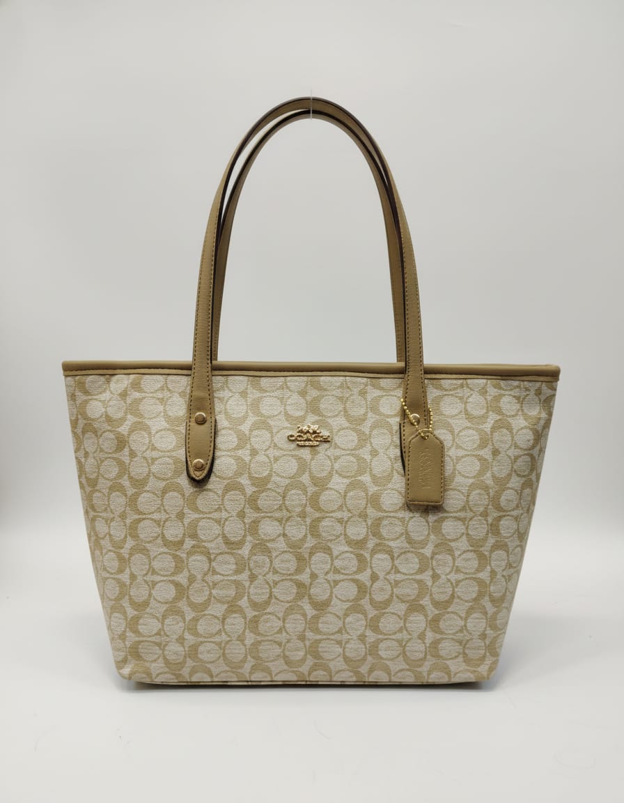 Coach Style Big Size Tote Bag for Women | Premium Office & Travel Tote | Spacious 1 Compartment + 2 Inside Pockets | Brown & Beige Elegant Daily Use Bag