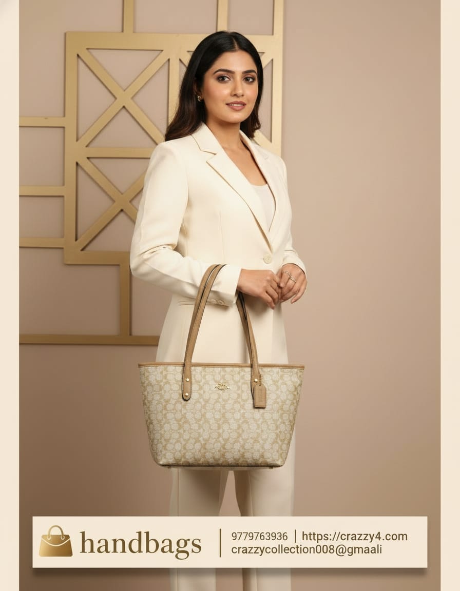 Coach Style Big Size Tote Bag for Women | Premium Office & Travel Tote | Spacious 1 Compartment + 2 Inside Pockets | Brown & Beige Elegant Daily Use Bag