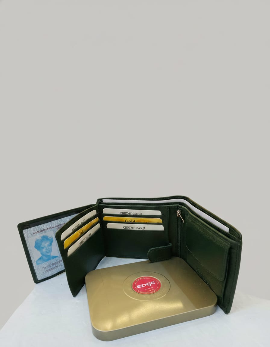 Edge Premium Men’s Wallet | PU Leather Cash & Card Holder Wallet | 12 Card Slots + Coin Section | Green Stylish Daily Use Wallet