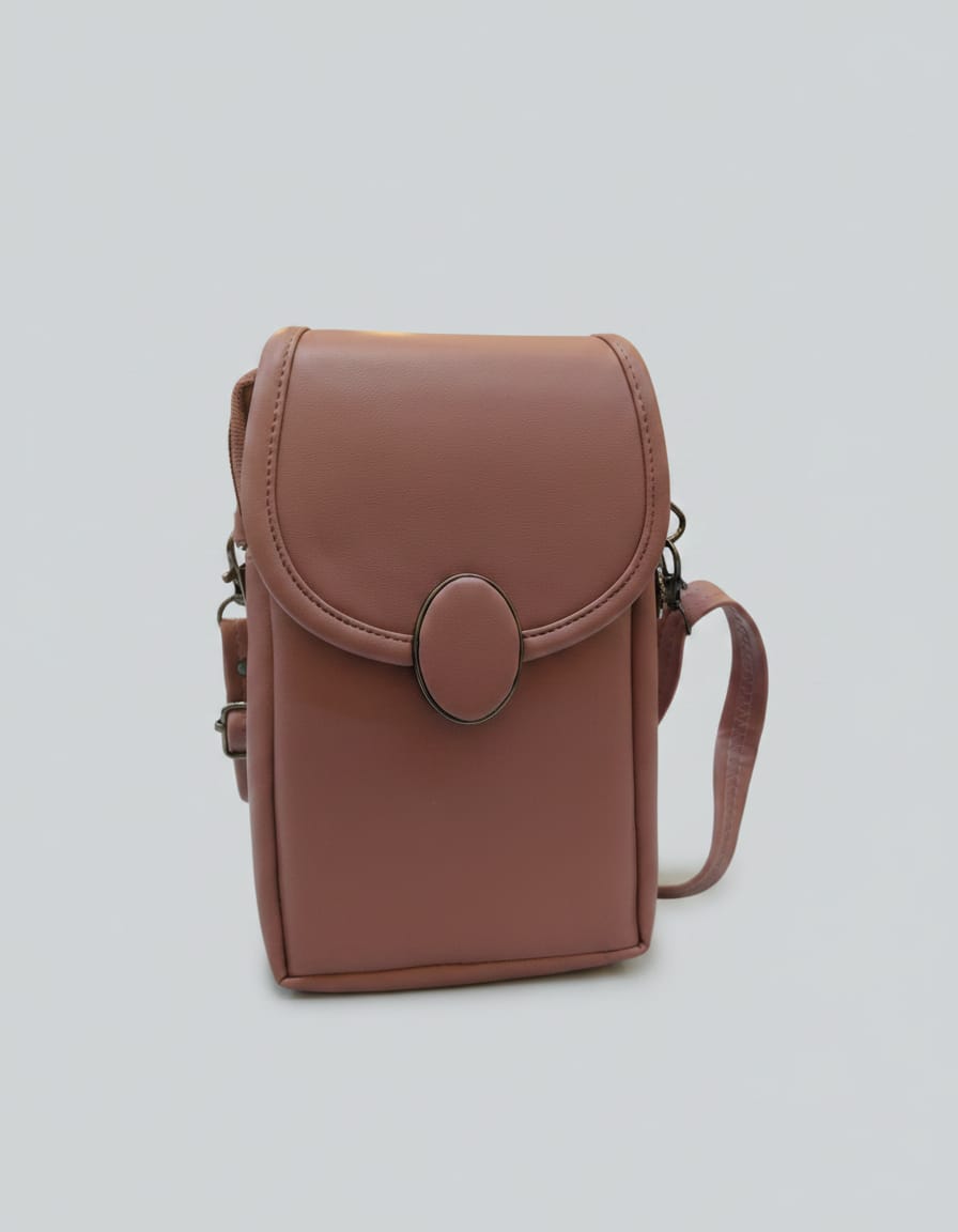 Premium PU Mobile Sling Bag for Women | Stylish Daily Use Mobile Pouch with Long String | 2 Compartments + 2 Inside Pockets | Pink, Brown & Cream Mini Sling Bag