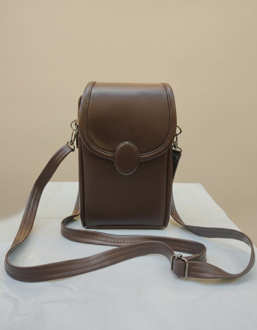 Premium PU Mobile Sling Bag for Women | Stylish Daily Use Mobile Pouch with Long String | 2 Compartments + 2 Inside Pockets | Pink, Brown & Cream Mini Sling Bag