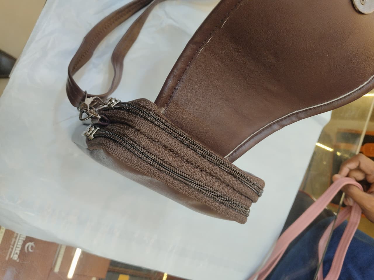 Premium PU Mobile Sling Bag for Women | Stylish Daily Use Mobile Pouch with Long String | 2 Compartments + 2 Inside Pockets | Pink, Brown & Cream Mini Sling Bag