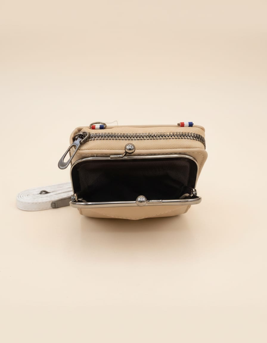 Premium PU Mobile Sling Bag for Women | Stylish Daily Use Mobile Pouch with Long String | 2 Compartments + 2 Inside Pockets | Pink, Brown & Cream Mini Sling Bag
