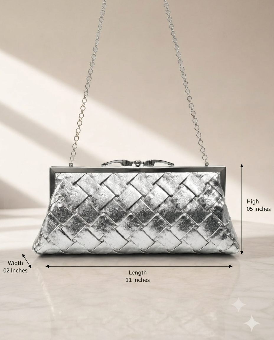 Imported Metallic Silver Frame Lock Clutch Bag with Long Chain | Premium Partywear Evening Handbag for Women