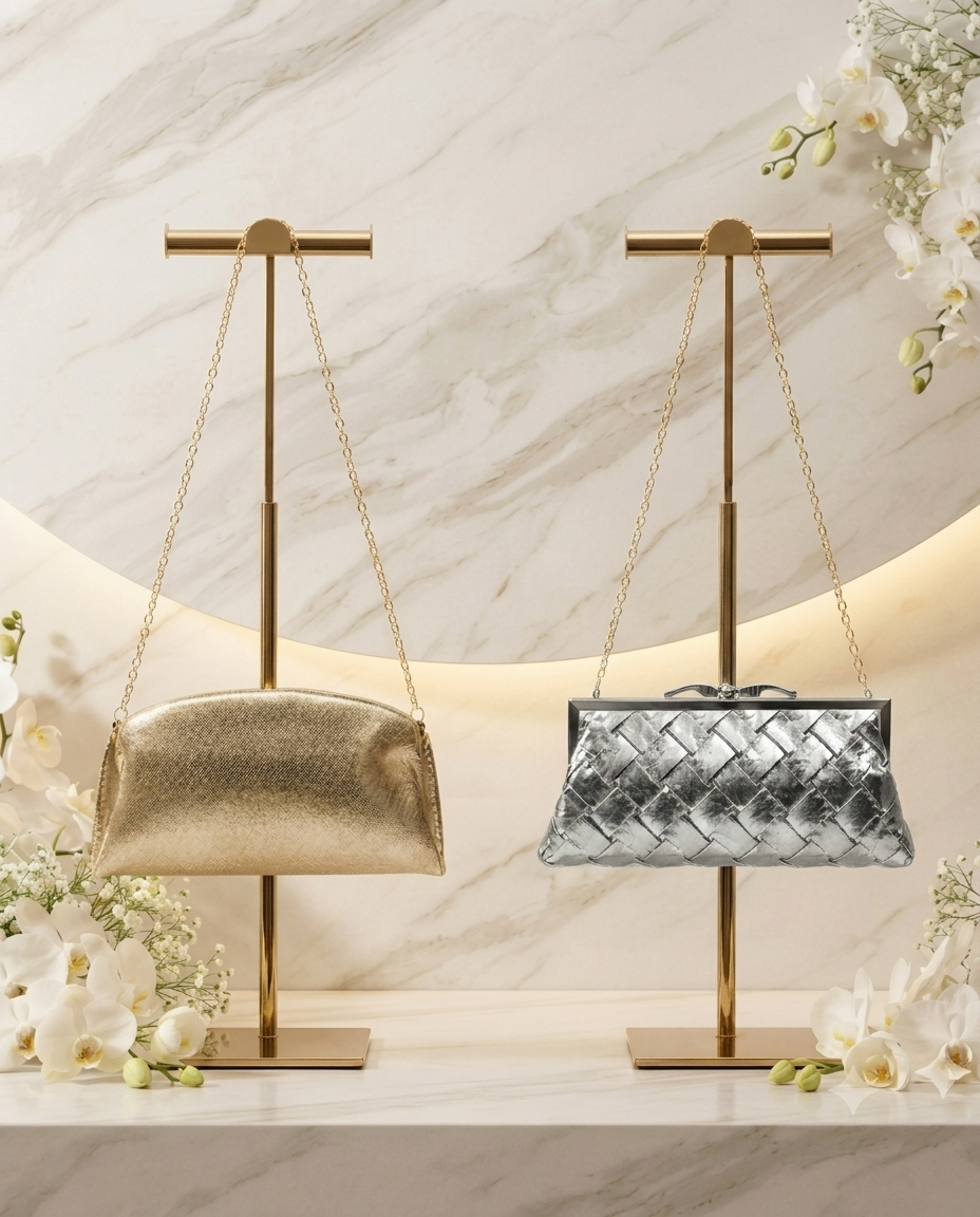Imported Metallic Silver Frame Lock Clutch Bag with Long Chain | Premium Partywear Evening Handbag for Women