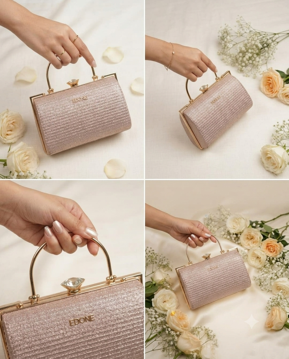 EDONE Premium Metallic Frame Lock Evening Clutch Bag in Baby Pink & Rose Gold with Long Chain | Designer Partywear Purse for Women