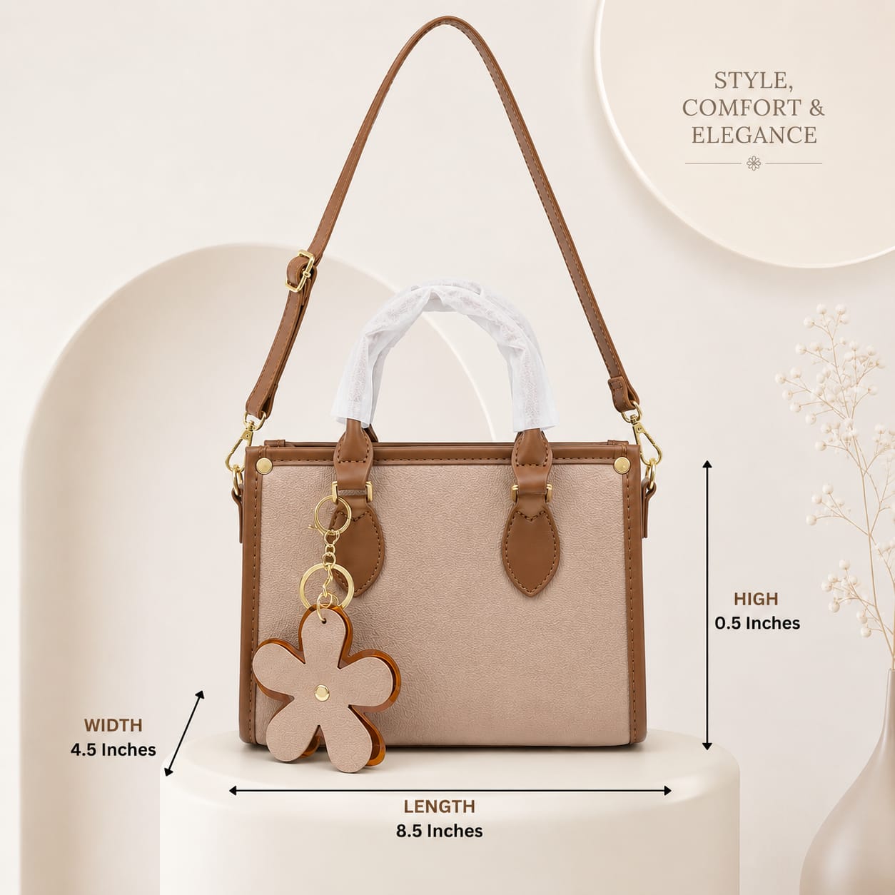 Imported High-End Leatherette Handbag with Top Handle in Light Peach | Premium Women’s Shoulder Bag for Casual & Formal Fashion