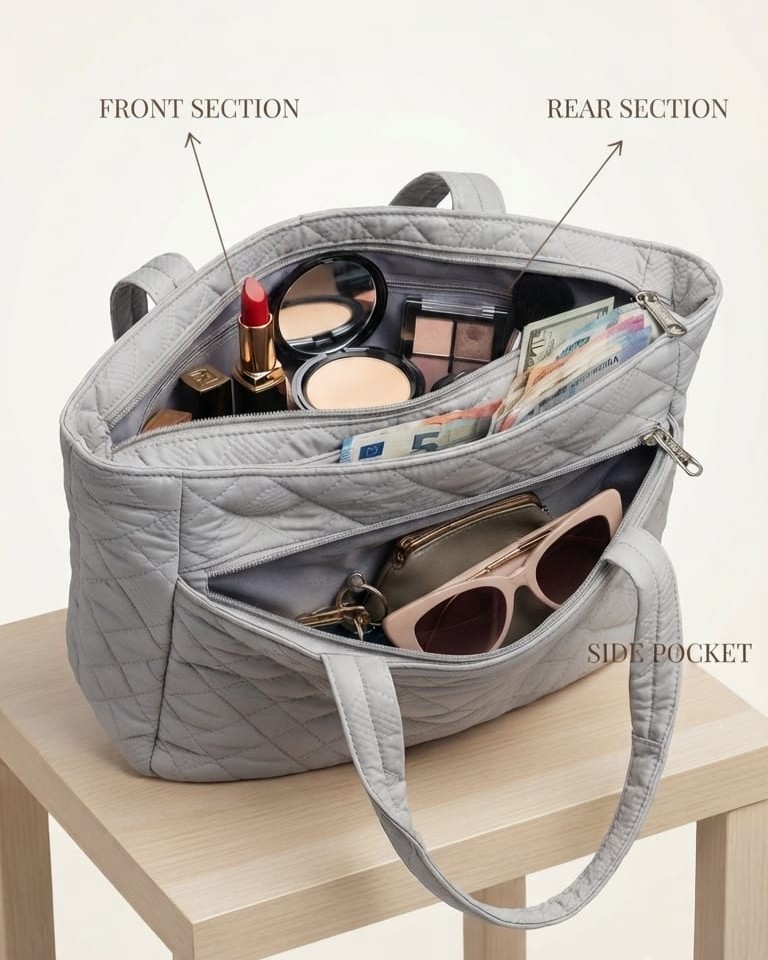 Agnes Premium Waterproof Satin-Finish Multi-Zip Tote Bag | High-End Trendy 5-Zip Utility Bag for Travel, Office & College