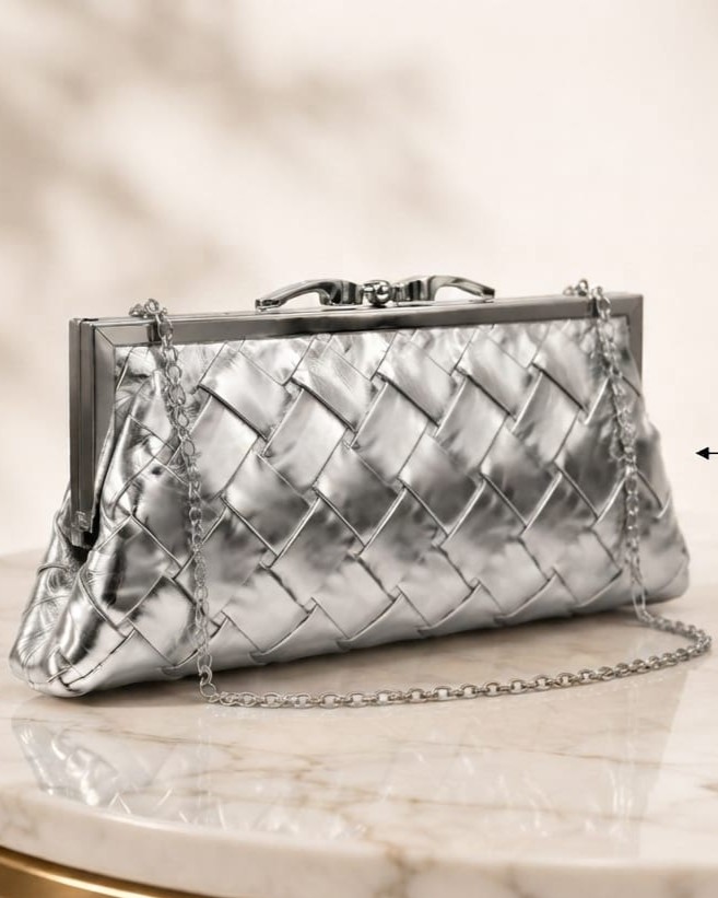Imported Metallic Silver Frame Lock Clutch Bag with Long Chain | Premium Partywear Evening Handbag for Women