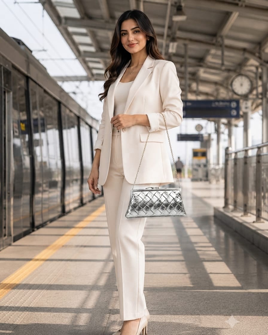 Imported Metallic Silver Frame Lock Clutch Bag with Long Chain | Premium Partywear Evening Handbag for Women
