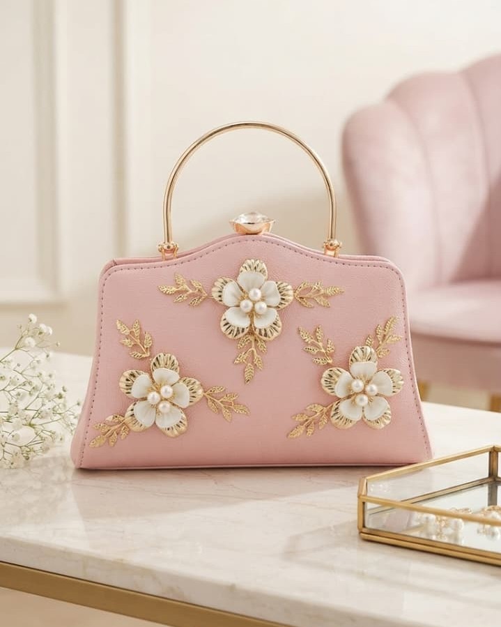 EDONE Premium Metallic Frame Lock Evening Clutch Bag in Baby Pink with Long Chain | Designer Partywear Purse for Women