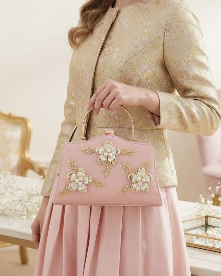 EDONE Premium Metallic Frame Lock Evening Clutch Bag in Baby Pink with Long Chain | Designer Partywear Purse for Women