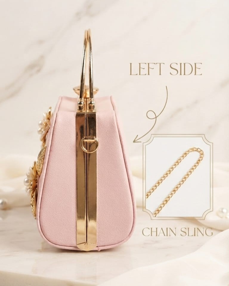 EDONE Premium Metallic Frame Lock Evening Clutch Bag in Baby Pink with Long Chain | Designer Partywear Purse for Women