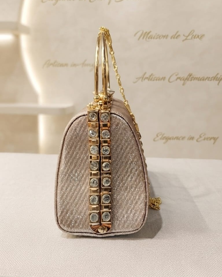EDONE Metallic Copper Frame Lock Clutch Bag with Handle & Long Chain | Elegant Partywear Evening Handbag for Women
