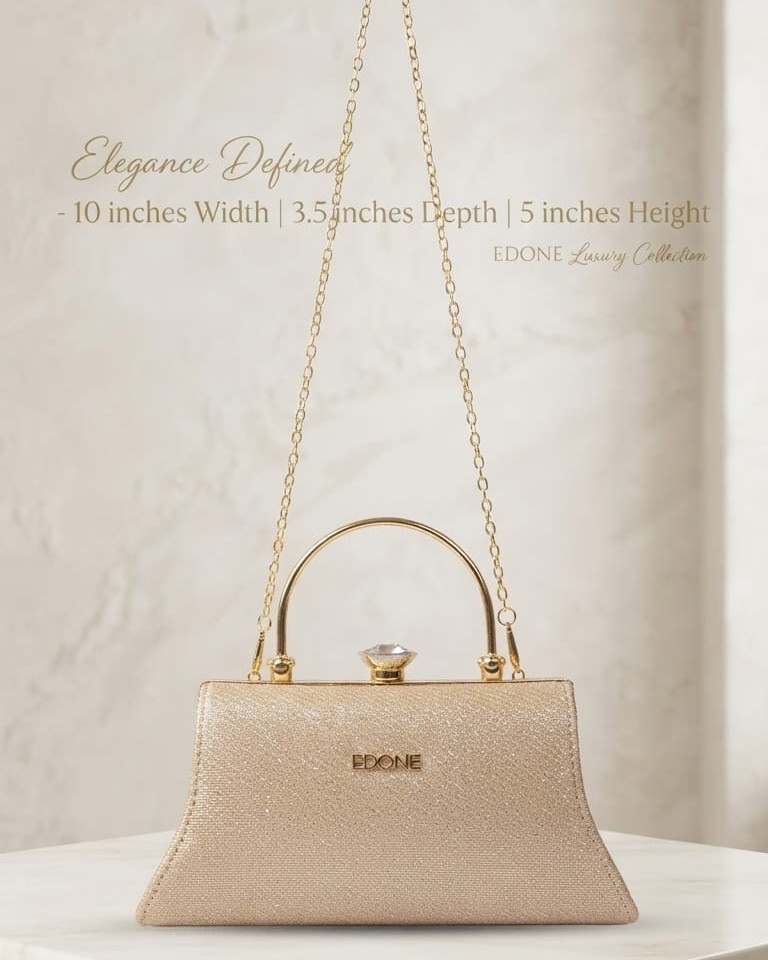EDONE Metallic Copper Frame Lock Clutch Bag with Handle & Long Chain | Elegant Partywear Evening Handbag for Women