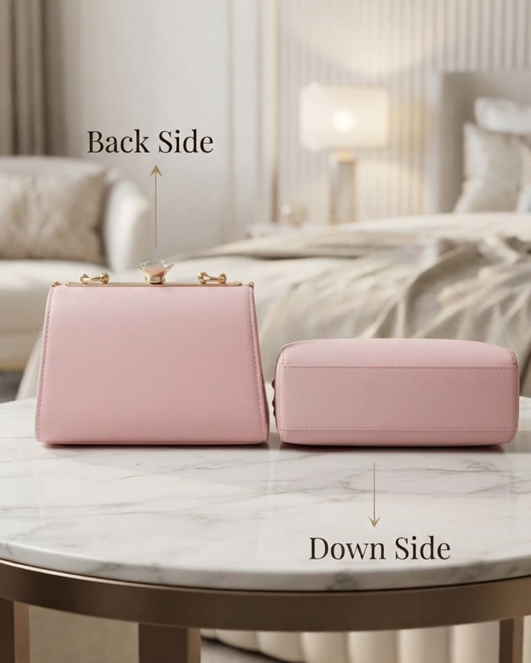 EDONE Premium Metallic Frame Lock Evening Clutch Bag in Baby Pink with Long Chain | Designer Partywear Purse for Women