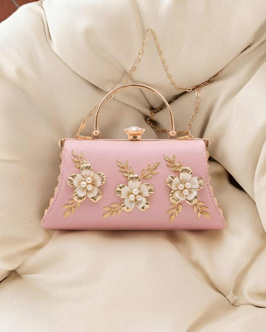 EDONE Premium Metallic Frame Lock Evening Clutch Bag in Baby Pink with Long Chain | Designer Partywear Purse for Women