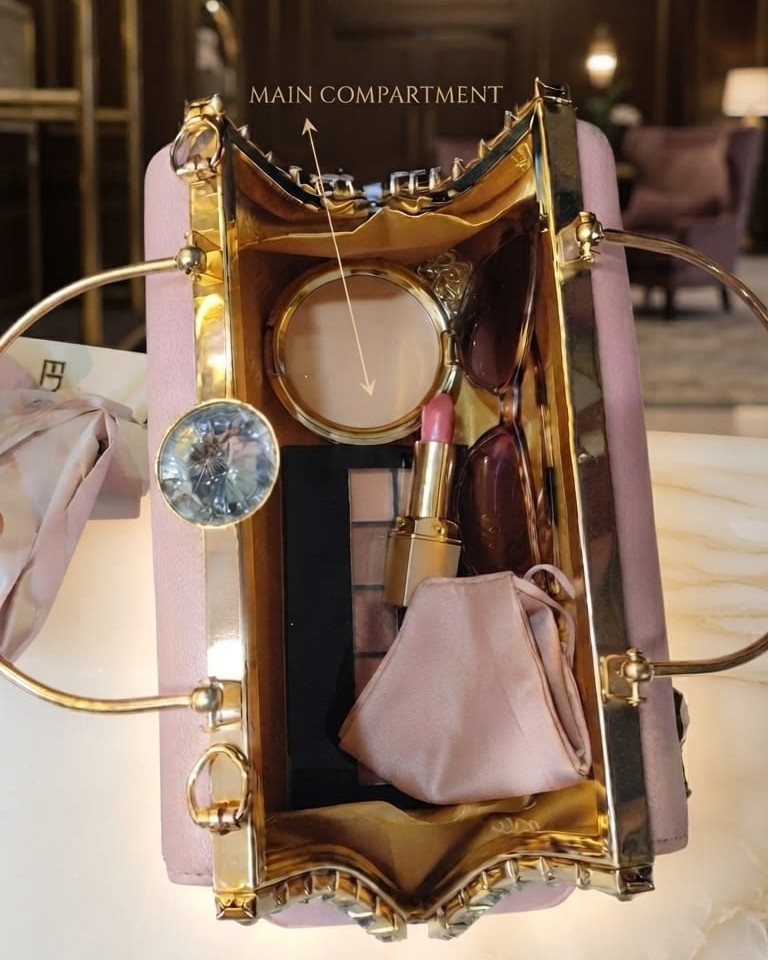 EDONE Premium Metallic Frame Lock Evening Clutch Bag in Baby Pink with Long Chain | Designer Partywear Purse for Women
