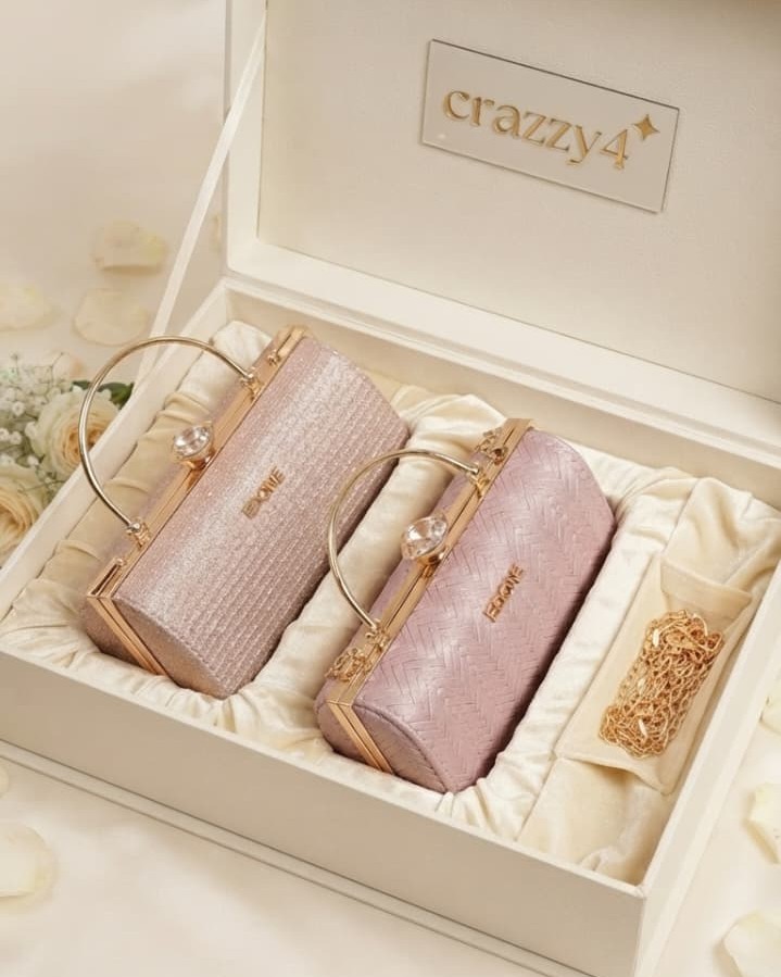EDONE Premium Metallic Frame Lock Evening Clutch Bag in Baby Pink & Rose Gold with Long Chain | Designer Partywear Purse for Women