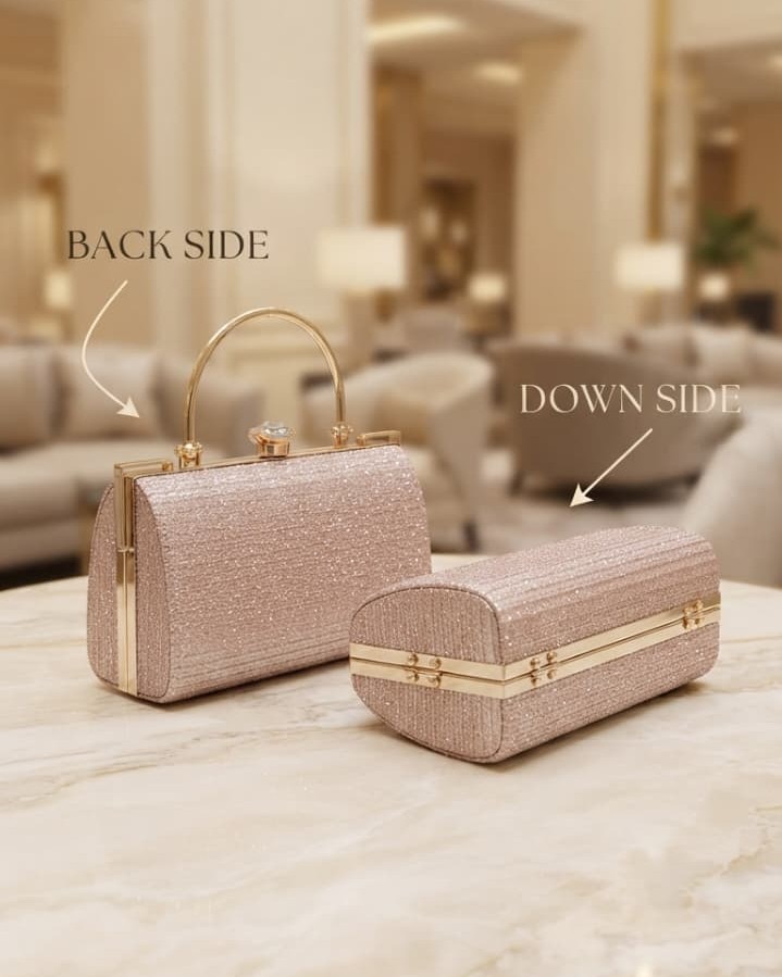 EDONE Premium Metallic Frame Lock Evening Clutch Bag in Baby Pink & Rose Gold with Long Chain | Designer Partywear Purse for Women