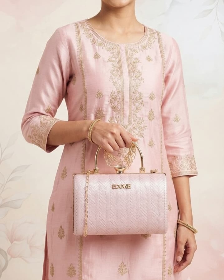 EDONE Premium Metallic Frame Lock Evening Clutch Bag in Baby Pink & Rose Gold with Long Chain | Designer Partywear Purse for Women