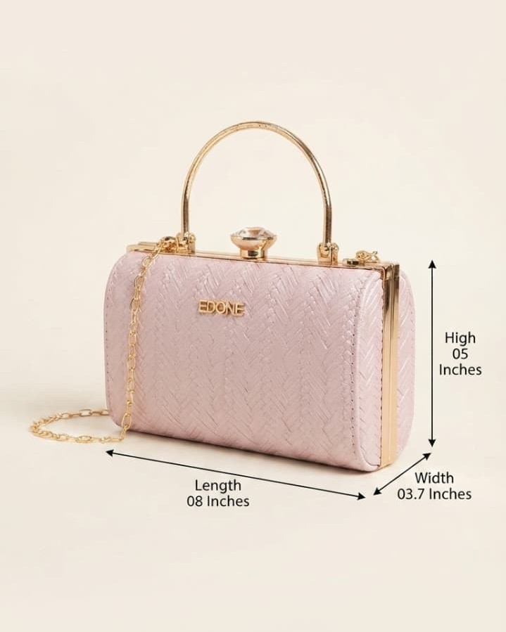 EDONE Premium Metallic Frame Lock Evening Clutch Bag in Baby Pink & Rose Gold with Long Chain | Designer Partywear Purse for Women