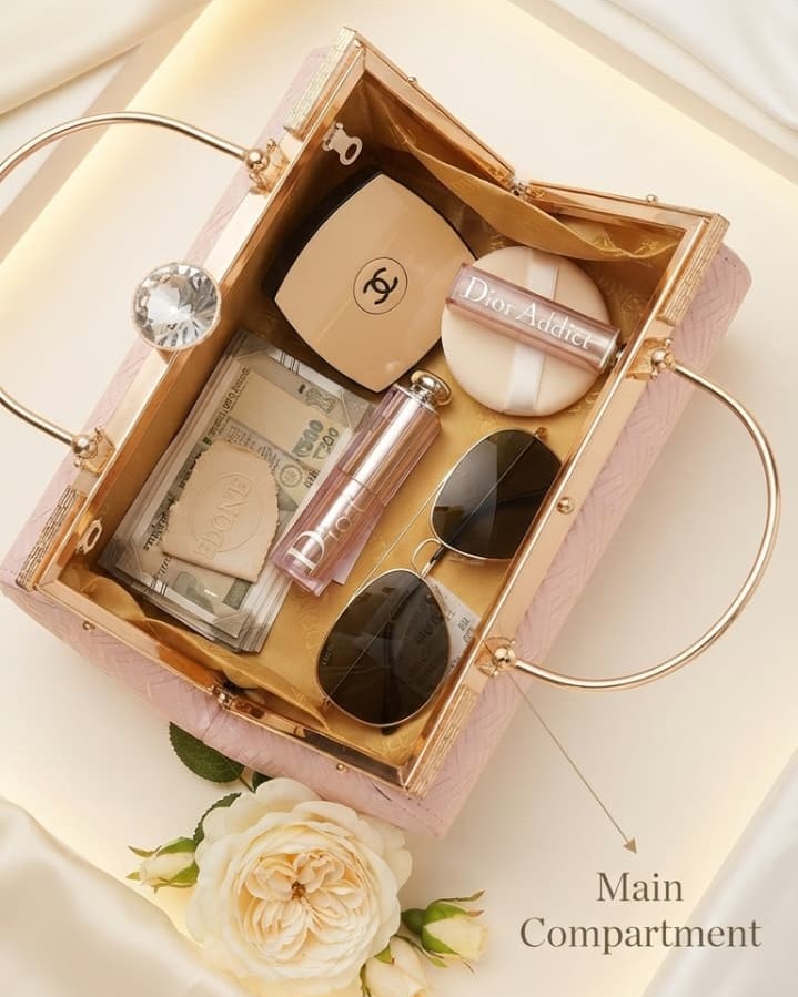 EDONE Premium Metallic Frame Lock Evening Clutch Bag in Baby Pink & Rose Gold with Long Chain | Designer Partywear Purse for Women